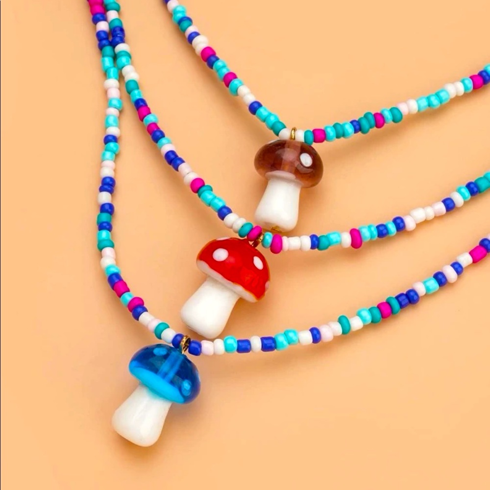NWT Magical Mushroom Beaded Glass Toad Stool Necklace Fairy Grunge Boho